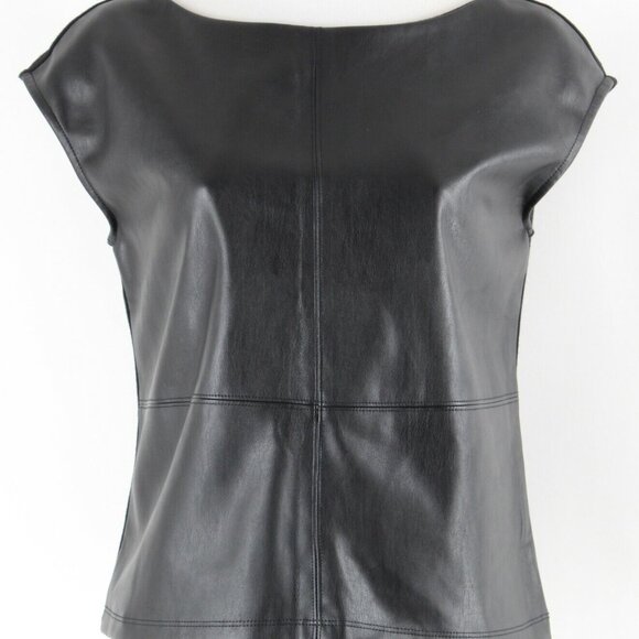 Worthington Sz PS Black Vegan Leather Front Knit Back PU Poly Spandex Top - Picture 2 of 6